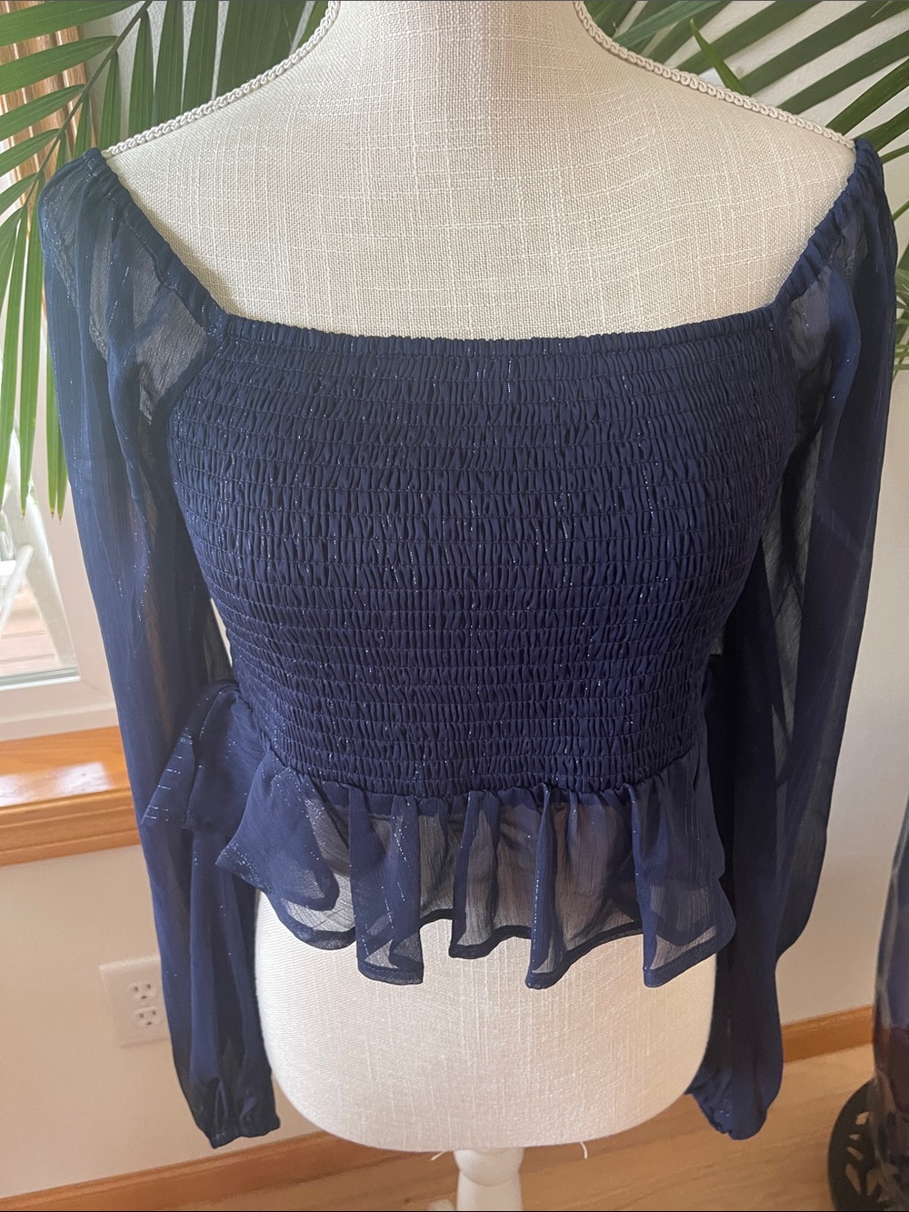 Forever 21 Navy Smocked Off-Shoulder Ruffle Hem Crop Top